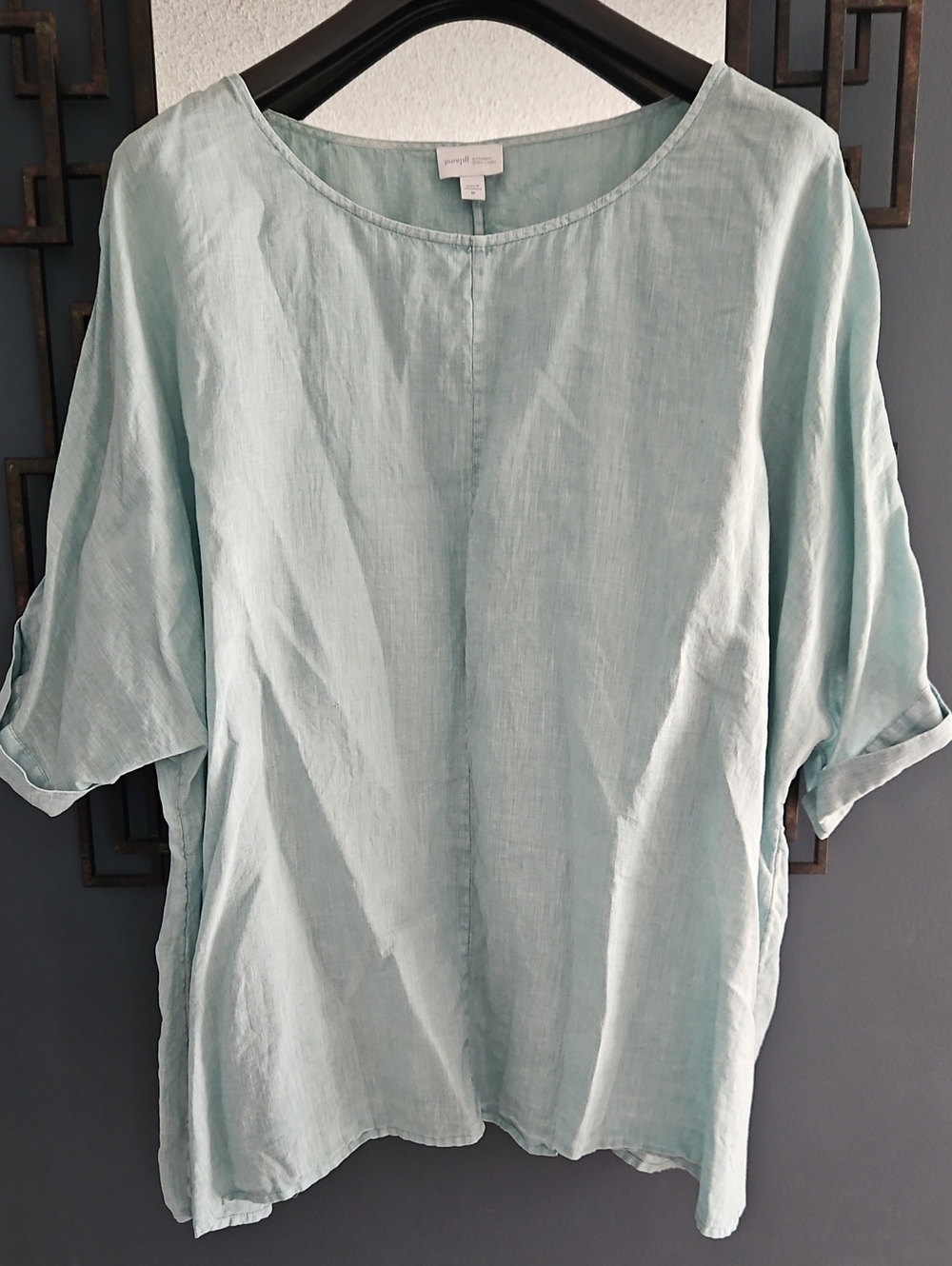 Purejill Size 3x 100 % Linen Blouse Top Aqua Blue Green Comfy Airy Flowy